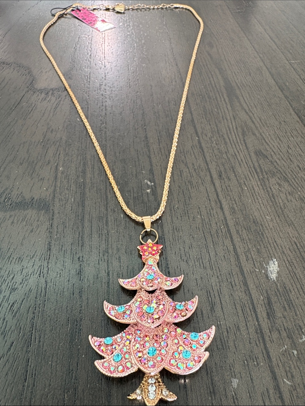 Betsey Johnson Gold-Tone Pink and Aquamarine Crystal Christmas Tree Necklace